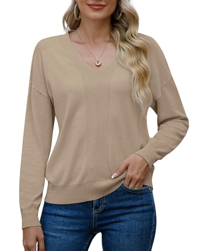 PrinStory Damen V-Hals Weihnachten Pullover Langarm Tops Solid Color Warme Weiche Strickpullover (Khaki, XL) von PrinStory