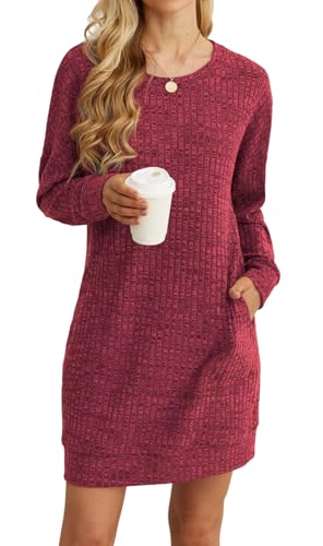 PrinStory Damen Pulloverkleid Langärmelig Winterkleider Beiläufige Komfortabel Gestrickte Pullover Oberteile Basic Pulloverkleid Mit Seitentaschen (Rot, S) von PrinStory