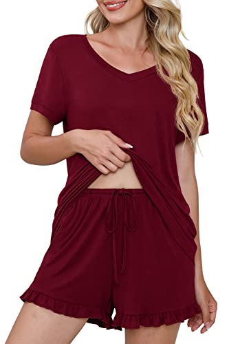 PrinStory Damen-Pyjama-Set, Lounge-Set, kurzärmelig, Nachtwäsche, weiche Pyjama-Shorts mit Taschen, A: Weinrot, 46 von PrinStory