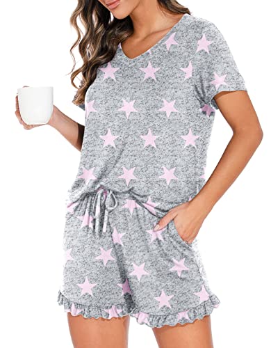 PrinStory Damen-Pyjama-Set, Lounge-Set, kurzärmelig, Nachtwäsche, weiche Pyjama-Shorts mit Taschen, Pink Star02, M von PrinStory