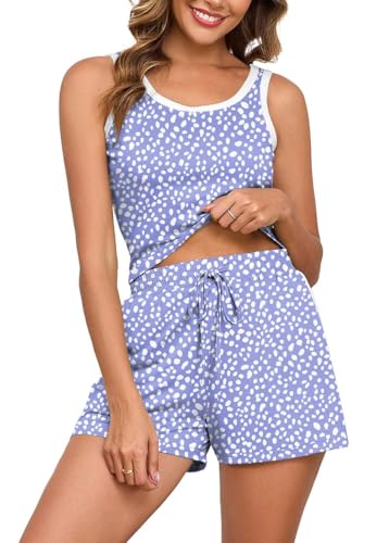 PrinStory Damen Pyjama Set Ärmellose Schlafanzug Weste Nachtwäsche Damen Loungewear Sleepwear Pyjamahose Hausanzug Zweiteiliger Nachtwäsche (FP Spot Blau,XL) von PrinStory