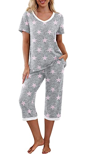 PrinStory Damen Pyjama Set Kurzarm Hemd und Caprihose Nachtwäsche Pjs Sets mit Taschen, Sterne Pink, 42, L von PrinStory