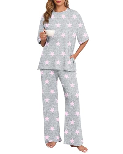 PrinStory Damen Pyjama Set Kurzarm Schlafanzug Strick Nachtwäsche Loungewear Mit Rundhals Sleepwear Lange Pyjamahose Startseite Zweiteiliger Nachtwäsche (Rosa Stern, M) von PrinStory