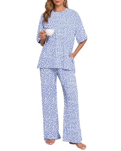 PrinStory Damen Pyjama Set Schlafanzüge Kurzarm Schlafanzug Strick Runder Halsausschnitt Nachtwäsche Lange Pyjamahose Atmungsaktiv Zweiteiliger (Spot Blau, M) von PrinStory