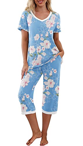 PrinStory Damen Schlafanzüge 2 Stück Nachtwäsche Kurzarm Schlafanzugoberteile Und Schlafanzughosen Hausanzug Freizeitanzug Blumendruck (Floral Hellblau, L) von PrinStory