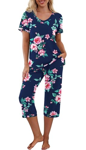 PrinStory Damen Schlafanzüge 2 Stück Pyjamas Set Kurzarm V-Ausschnitt Nachtwäsche Hausanzug Freizeitanzug Blumendruck (Floral Marineblau, XXL) von PrinStory