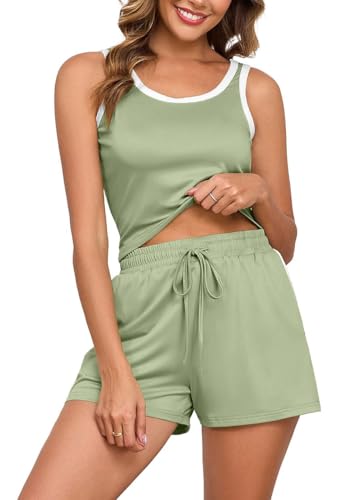 PrinStory Damen Schlafanzug Ärmellose Pyjama Set Nachtwäsche Weste Kurze Schlafanzughose Sleepwear Pyjamahose Hausanzug Zweiteiliger Nachtwäsche (Helles Armeegrün,XXL) von PrinStory