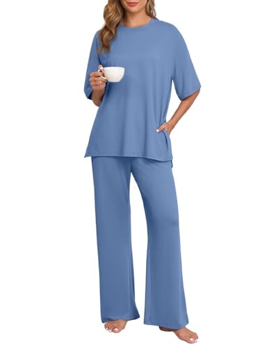 PrinStory Damen Schlafanzug Kurzarm Pyjama Set Nachtwäsche Loungewear Mit Rundhals Sleepwear Lange Pyjamahose Startseite Zweiteiliger Nachtwäsche (Graublau, L) von PrinStory