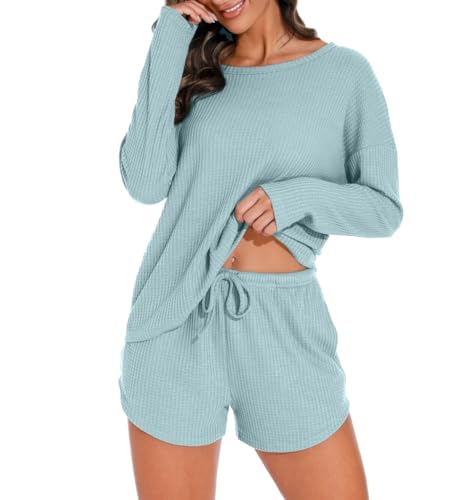 PrinStory Damen Schlafanzug Langarm Pyjama Set Waffelstrick Nachtwäsche Rundhals Oberteil Und Pyjamahose (Blaugrün, L) von PrinStory