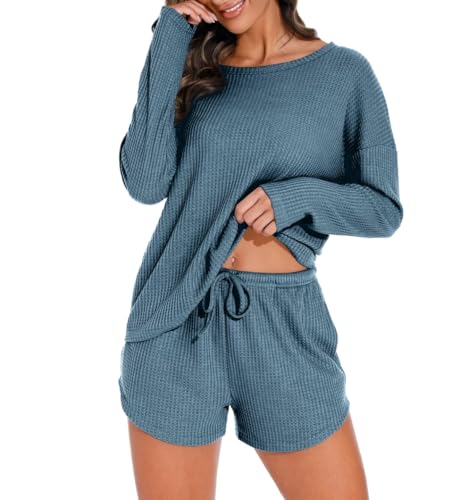 PrinStory Damen Schlafanzug Langarm Pyjama Set Waffelstrick Nachtwäsche Rundhals Oberteil Und Pyjamahose (Graublau, XL) von PrinStory