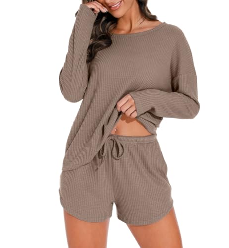 PrinStory Damen Schlafanzug Langarm Pyjama Set Waffelstrick Nachtwäsche Rundhals Oberteil Und Pyjamahose (Khaki, M) von PrinStory