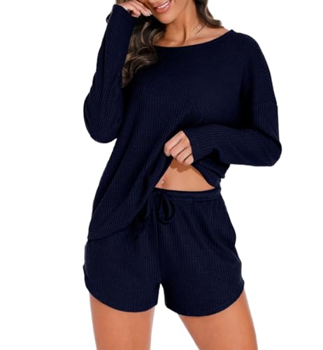 PrinStory Damen Schlafanzug Langarm Pyjama Set Waffelstrick Nachtwäsche Rundhals Oberteil Und Pyjamahose (Marineblau, M) von PrinStory