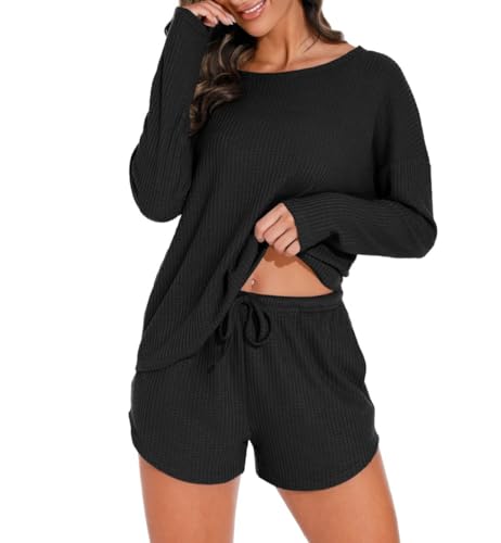 PrinStory Damen Schlafanzug Langarm Pyjama Set Waffelstrick Nachtwäsche Rundhals Oberteil Und Pyjamahose (Schwarz, S) von PrinStory