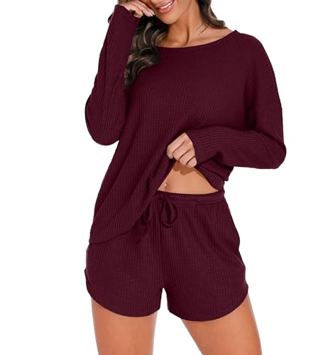 PrinStory Damen Schlafanzug Langarm Pyjama Set Waffelstrick Nachtwäsche Rundhals Oberteil Und Pyjamahose (Weinrot, L) von PrinStory