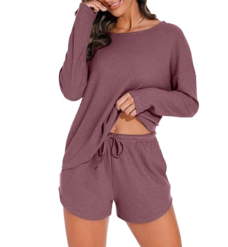 PrinStory Damen Schlafanzug Langarm Pyjama Set Waffelstrick Nachtwäsche Rundhals Oberteil Und Pyjamahose (Ziegelrot, M) von PrinStory