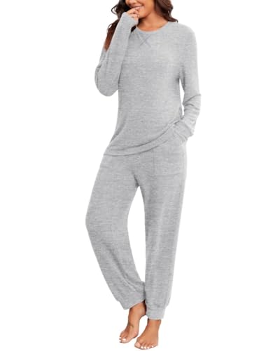 PrinStory Damen Schlafanzug Pyjama Damen Lang Nachtwäsche Schlafanzug Damen Lang Mit Gemütliche Nachtwäsche Komfortabel Weicher Pyjama Anzug Set (Hellgrau, L) von PrinStory