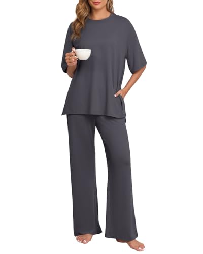 PrinStory Damen Schlafanzug Pyjama Damen Strick Runder Halsausschnitt Kurzarm Nachtwäsche Lange Schlafanzughose Mit Geradem Bein Weicher Zweiteiler (Dunkelgrau, L) von PrinStory