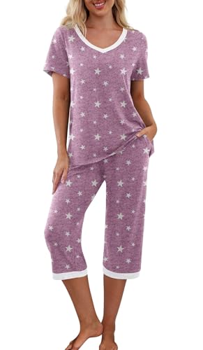 PrinStory Damen Schlafanzug Pyjamas Set Zweiteiliger Nachtwäsche V-Ausschuss Lounge Set Kurzarm Hausanzug Für Frauen Blumendruck (Weißer Stern Violett, L) von PrinStory