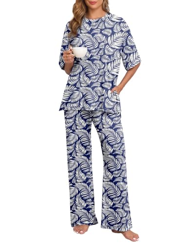 PrinStory Damen Schlafanzug Strick Kurzarm Pyjama Set Nachtwäsche Loungewear Mit Rundhals Sleepwear Komfortabel Lange Schlafanzughose Pyjama Set (Dunkelblaues Palmblatt, S) von PrinStory