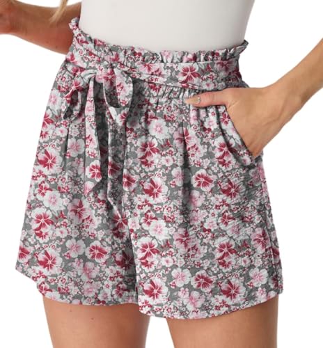 PrinStory Damen Shorts High Waist Kurze Hose Leicht Sommershorts Gürtel Breites Bein Strandshorts Mit Taschen (Grauer Ishitake,M) von PrinStory