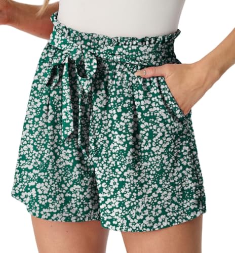 PrinStory Damen Shorts High Waist Kurze Hose Leicht Sommershorts Gürtel Breites Bein Strandshorts Mit Taschen (Grüne Weiße Blume,M) von PrinStory