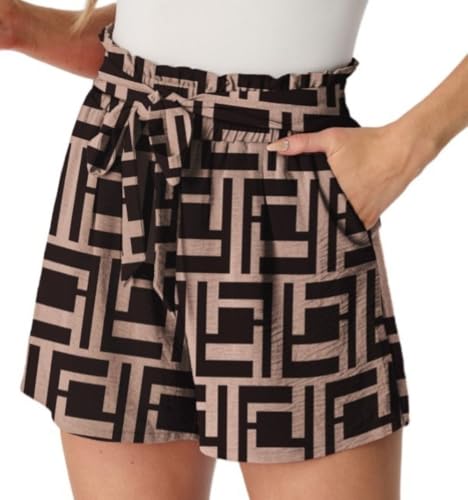 PrinStory Damen Shorts High Waist Kurze Hose Leicht Sommershorts Gürtel Breites Bein Strandshorts Mit Taschen (Schwarzes Puzzle,XL) von PrinStory