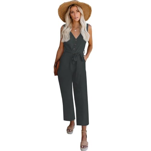 PrinStory Damen Sommer Casual Jumpsuit V-Ausschnitt Button Down Ärmellose Rompers Mit Taschen (Grau, 3XL) von PrinStory