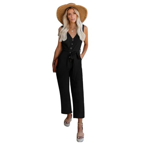 PrinStory Damen Sommer Casual Jumpsuit V-Ausschnitt Button Down Ärmellose Rompers Mit Taschen (Schwarz, XL) von PrinStory