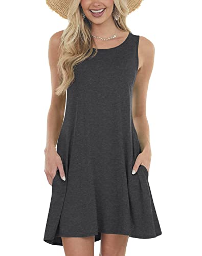 PrinStory Damen Sommerkleider Strand Cover Up Smock Kleid Lose Tank Kleid mit Taschen, dunkelgrau, S von PrinStory