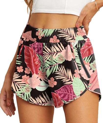 PrinStory Damen Sport Shorts Sommer Kurze Hose 2 In 1 Fitness Jogging Gym Laufshorts Elastisch Schnelltrocknend Running Shorts Mit Tasche (Schwarzes Konjakblatt,L) von PrinStory