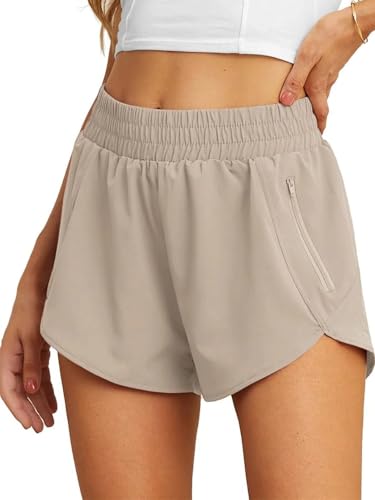 PrinStory Damen Sporthose Kurz Laufhose Hohe Taille Sport Shorts Running Shorts Schnelltrockende Laufshorts Jogging Gym Bade Atmungsaktiv Sommer Training Tennishose (Khaki,M) von PrinStory