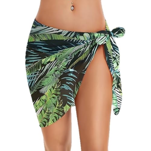 PrinStory Damen Strandkleid Mit Seitlichem Knoten Kurz Casual Sommer Strandmode Für Strandurlaub (Schwarzes Blatt, XXL) von PrinStory