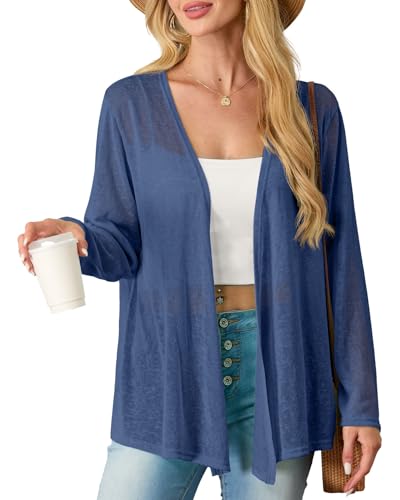 PrinStory Damen Strickjacke Langarm Leichte Cardigan Atmungsaktiv V-Ausschnitt Weich Oberteil Frühling Und Sommer (Marineblau,L) von PrinStory