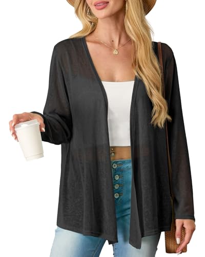 PrinStory Damen Strickjacke Langarm Leichte Cardigan Atmungsaktiv V-Ausschnitt Weich Oberteil Frühling Und Sommer (Schwarz,L) von PrinStory