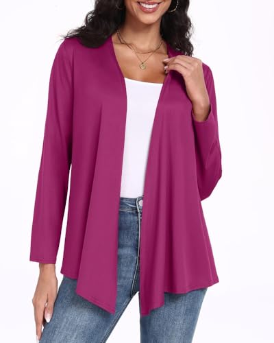 PrinStory Damen Strickjacke Langarm Leichte Cardigan Für Damen Atmungsaktiv Unregelmäßiges Saumdesign Oberteil Frühling Herbst (Violett Rot,M) von PrinStory