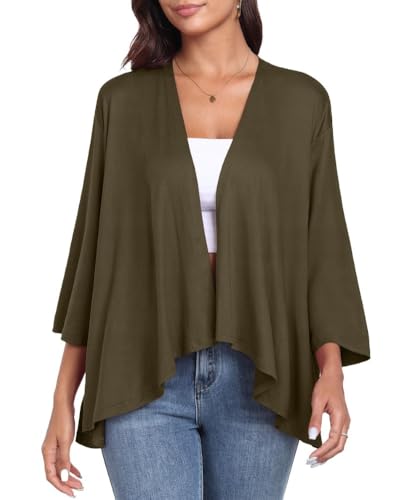 PrinStory Damen Strickjacke Leichte 3/4 Ärmel Cardigan Lässig Langarm V-Ausschnitt Strickjacke Offener Vorderseite Oberbekleidung Mit Hohen Niedrigen Saum (Armee Grün, XL) von PrinStory