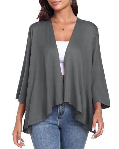 PrinStory Damen Strickjacke Leichte 3/4 Ärmel Cardigan Lässig Langarm V-Ausschnitt Strickjacke Offener Vorderseite Oberbekleidung Mit Hohen Niedrigen Saum (Dunkelgrau, XL) von PrinStory