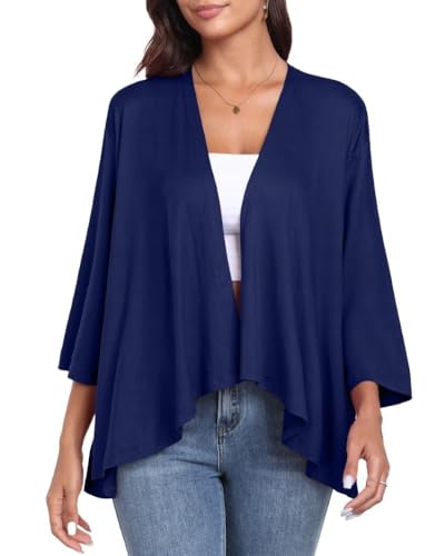 PrinStory Damen Strickjacke Leichte 3/4 Ärmel Cardigan Lässig Langarm V-Ausschnitt Strickjacke Offener Vorderseite Oberbekleidung Mit Hohen Niedrigen Saum (Marineblau, XL) von PrinStory