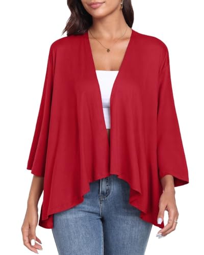 PrinStory Damen Strickjacke Leichte 3/4 Ärmel Cardigan Lässig Langarm V-Ausschnitt Strickjacke Offener Vorderseite Oberbekleidung Mit Hohen Niedrigen Saum (Rot, XL) von PrinStory
