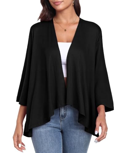 PrinStory Damen Strickjacke Leichte 3/4 Ärmel Cardigan Lässig Langarm V-Ausschnitt Strickjacke Offener Vorderseite Oberbekleidung Mit Hohen Niedrigen Saum (Schwarz, M) von PrinStory