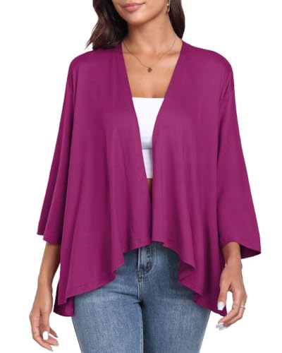 PrinStory Damen Strickjacke Leichte 3/4 Ärmel Cardigan Lässig Langarm V-Ausschnitt Strickjacke Offener Vorderseite Oberbekleidung Mit Hohen Niedrigen Saum (Violett Rot, XL) von PrinStory