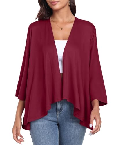 PrinStory Damen Strickjacke Leichte 3/4 Ärmel Cardigan Lässig Langarm V-Ausschnitt Strickjacke Offener Vorderseite Oberbekleidung Mit Hohen Niedrigen Saum (Weinrot, M) von PrinStory