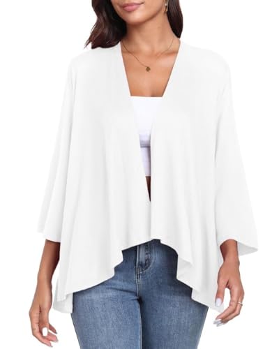 PrinStory Damen Strickjacke Leichte 3/4 Ärmel Cardigan Lässig Langarm V-Ausschnitt Strickjacke Offener Vorderseite Oberbekleidung Mit Hohen Niedrigen Saum (Weiß, M) von PrinStory