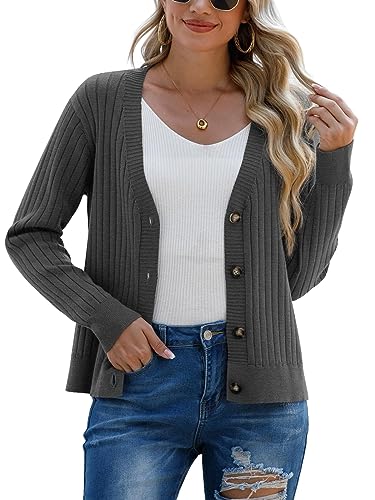 PrinStory Damen Strickjacken Mit Knöpfen Damen Strickwaren Mit Langen Ärmeln Pullover Für Herbst Winter Frühling (Dunkelgrau, S) von PrinStory