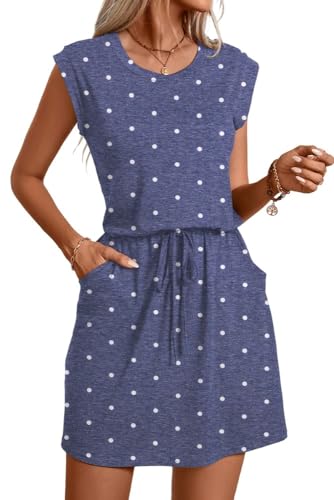 PrinStory Damen Strickkleid Sommer Gestrickt Pulloverkleid Damen Mit Elastische Taille Lässig Ärmellos Freizeitkleid (Blauer Punkt, S) von PrinStory
