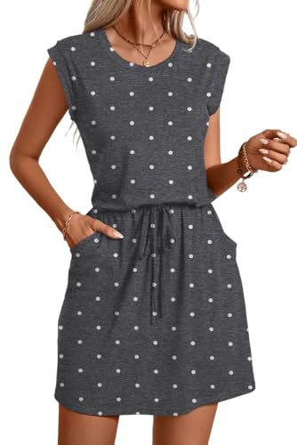 PrinStory Damen Strickkleid Sommer Gestrickt Pulloverkleid Damen Mit Elastische Taille Lässig Ärmellos Freizeitkleid (Graue Punkte, L) von PrinStory