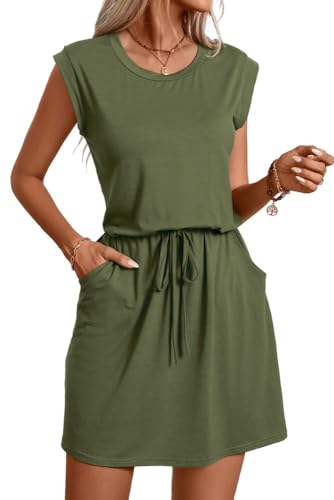 PrinStory Damen Strickkleid Sommer Gestrickt Pulloverkleid Damen Mit Elastische Taille Lässig Ärmellos Freizeitkleid (Grün, L) von PrinStory