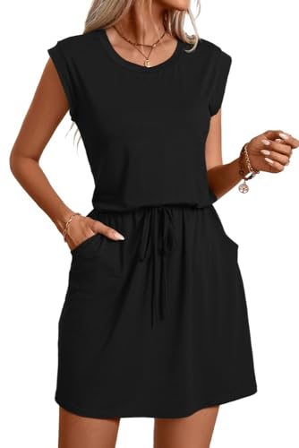 PrinStory Damen Strickkleid Sommer Gestrickt Pulloverkleid Damen Mit Elastische Taille Lässig Ärmellos Freizeitkleid (Schwarz, L) von PrinStory