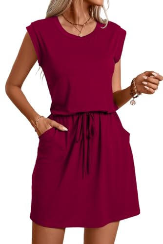 PrinStory Damen Strickkleid Sommer Gestrickt Pulloverkleid Damen Mit Elastische Taille Lässig Ärmellos Freizeitkleid (Weinrot, L) von PrinStory