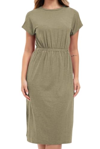 PrinStory Damen Strickkleid Weiche Kurzarm Drucken Rundkragen Freizeitkleid Damen Lässig Elastische Taille Pulloverkleid (Armeegrün, XL) von PrinStory
